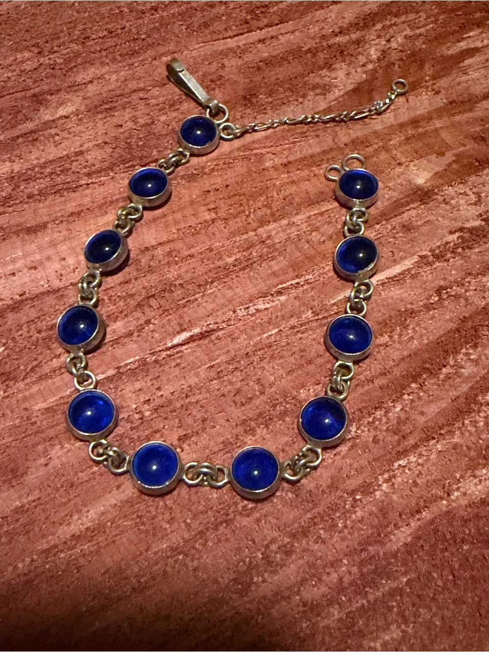 925 Sterling Silver Blue Cabochon Link Bracelet - Unbranded